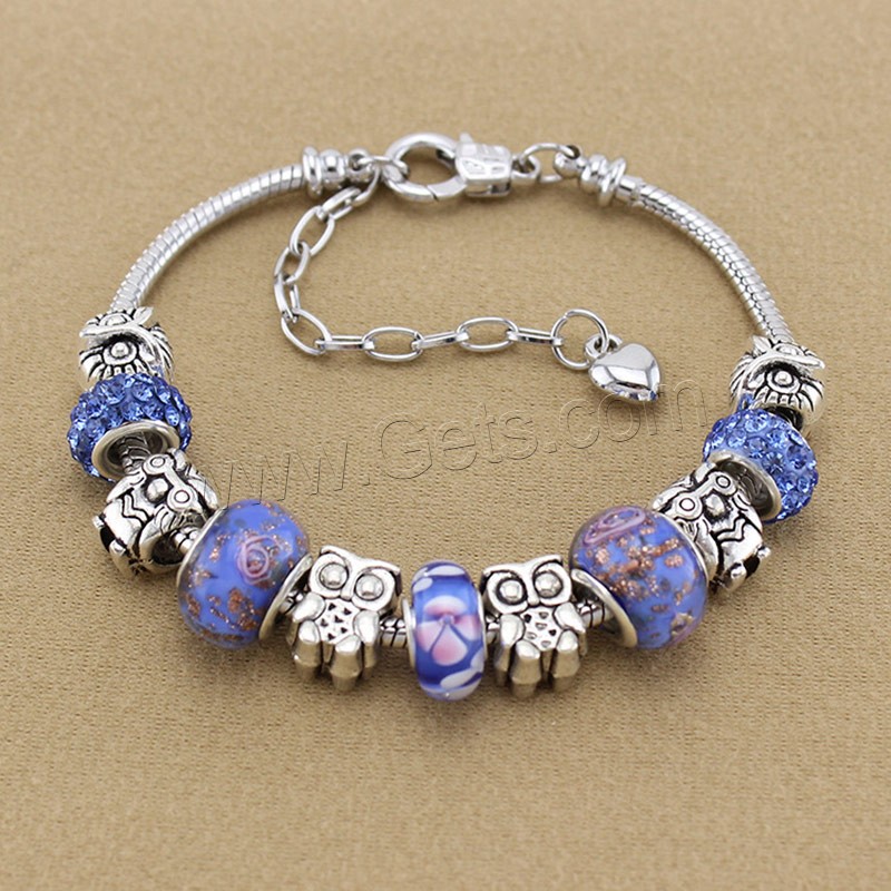 Zinc Alloy European Bracelets, with brass chain & Rhinestone Clay Pave & Lampwork, with 2 lnch extender chain, antique silver color plated, different length for choice, Sold By Strand