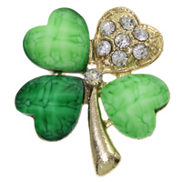 Zinc Alloy Brooch, with Acrylic, Four Leaf Clover, gold color plated, with rhinestone, lead & cadmium free 