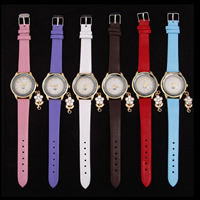 Women Wrist Watch, PU Leather, with Glass & Zinc Alloy, Chinese movement, stainless steel pin buckle, Flower, gold color plated, adjustable & with rhinestone 30mm, 15mm Approx 9.5 Inch 
