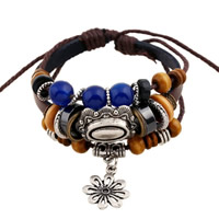 Cowhide Bracelets, with Waxed Cotton Cord & Hematite & Wood & Resin & Zinc Alloy, plated, imitation Lapis Lazuli & adjustable & , 6mm Approx 6.6 Inch 