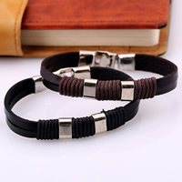 Cowhide Bracelets, with Waxed Cotton Cord & Zinc Alloy, platinum color plated 5mm Approx 8.2 Inch 