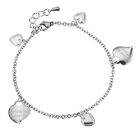Stainless Steel Charm Bracelet, with 1.5lnch extender chain, Heart, word I love you forever, oval chain, original color   Approx 7.3 Inch 
