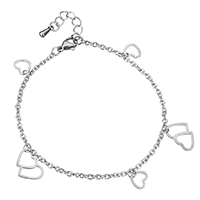 Bracelet en acier inoxydable, avec 1.5lnch chaînes de rallonge, coeur, bracelet à breloques & chaîne ovale, couleur originale   Environ 7.3 pouce, Vendu par brin