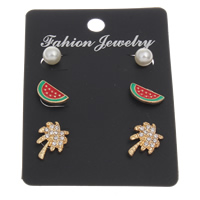 Zinc Alloy Stud Earring Set, with ABS Plastic Pearl & plastic earnut, stainless steel post pin, gold color plated, enamel & with rhinestone, lead & cadmium free -x 