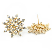 Zinc Alloy Rhinestone Stud Earring, stainless steel post pin, Snowflake, real gold plated, with rhinestone, lead & cadmium free, 20mm 