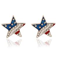 Zinc Alloy Rhinestone Stud Earring, stainless steel post pin, Star, platinum color plated, united states flag pattern & enamel & with rhinestone, 18mm 