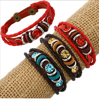 PU Leather Cord Bracelets, with Wood & Zinc Alloy, plated, with rivet stud & braided bracelet & with rhinestone Approx 7-8.5 Inch 