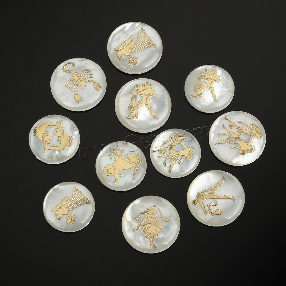 White Shell Cabochon, Flat Round, natural, Zodiac symbols jewelry & different size for choice & flat back & gold foil, 12PCs/Set, Sold By Set