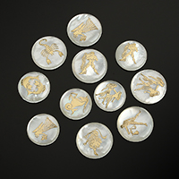 White Shell Cabochon, Flat Round, natural, Zodiac symbols jewelry & flat back & gold foil 