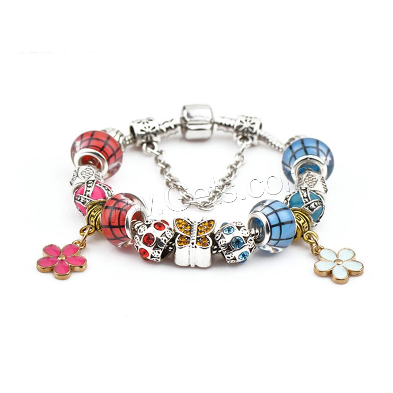 Brass Chain European Bracelets, Zinc Alloy, with brass chain & Lampwork, Flower, plated, different length for choice & enamel & with rhinestone, Sold By Strand