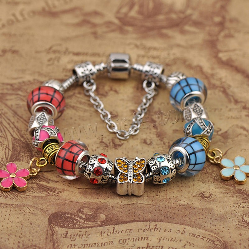 Brass Chain European Bracelets, Zinc Alloy, with brass chain & Lampwork, Flower, plated, different length for choice & enamel & with rhinestone, Sold By Strand
