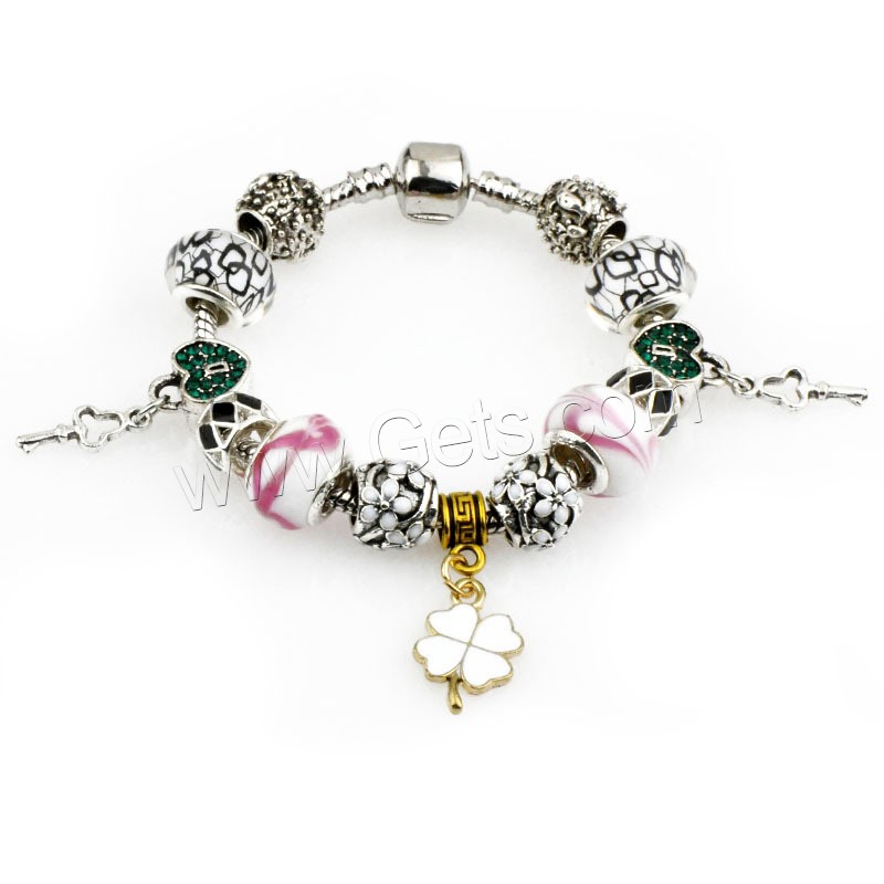 Brass Chain European Bracelets, Zinc Alloy, with brass chain & Lampwork, Four Leaf Clover, plated, different length for choice & enamel & with rhinestone, Sold By Strand