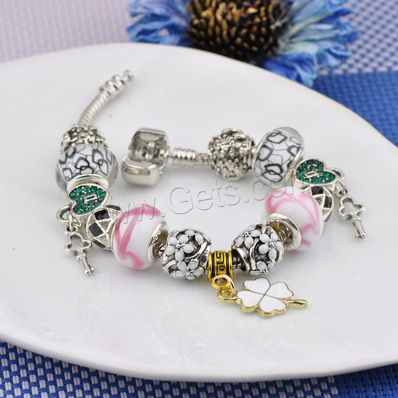 Brass Chain European Bracelets, Zinc Alloy, with brass chain & Lampwork, Four Leaf Clover, plated, different length for choice & enamel & with rhinestone, Sold By Strand