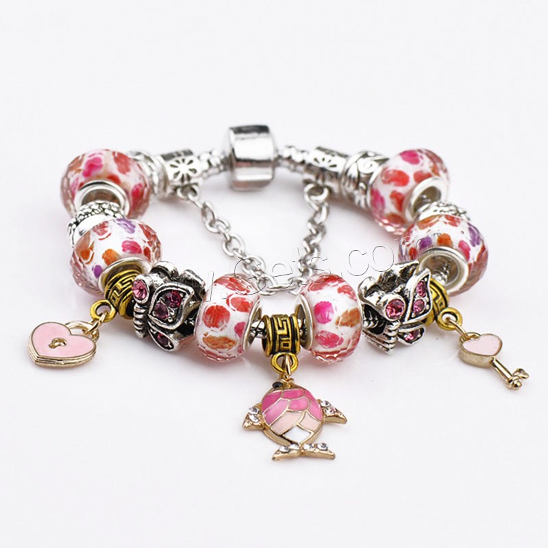 Brass Chain European Bracelets, Zinc Alloy, with brass chain & Lampwork, heart and key, plated, different length for choice & enamel & faceted & with rhinestone, Sold By Strand