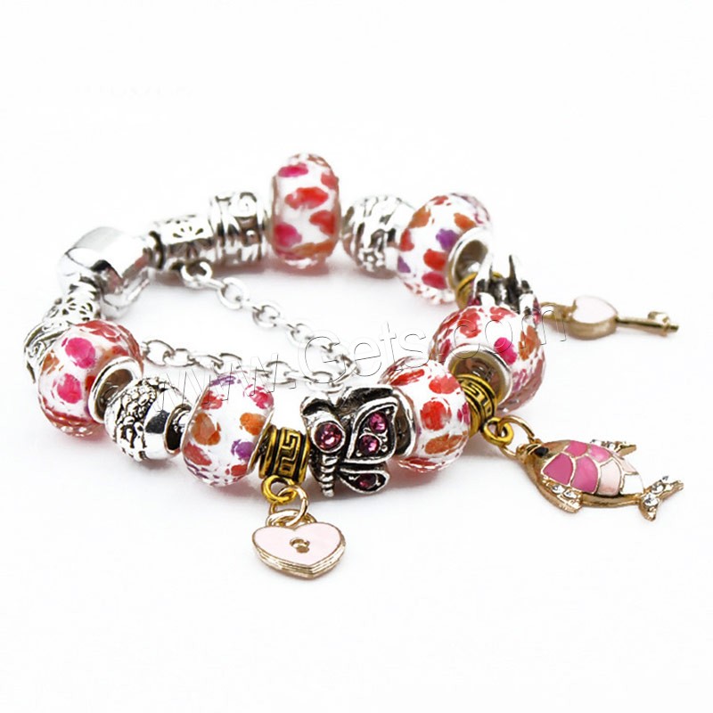 Brass Chain European Bracelets, Zinc Alloy, with brass chain & Lampwork, heart and key, plated, different length for choice & enamel & faceted & with rhinestone, Sold By Strand