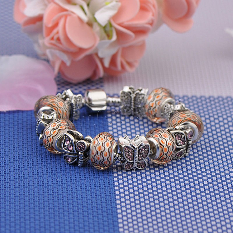 Brass Chain European Bracelets, Zinc Alloy, with brass chain & Lampwork, antique silver color plated, different length for choice & faceted & with rhinestone, Sold By Strand