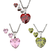 Cubic Zirconia Stainless Steel Jewelry Sets, earring & necklace, Heart, oval chain & with cubic zirconia & faceted Approx 18 Inch 