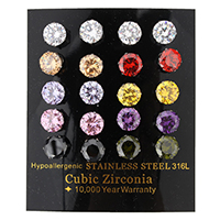 Edelstahl CZ Stud Ohrring, mit kubischem Zirkonia & facettierte, gemischte Farben, 8x8x16mm, 10PaarePärchen/Box, verkauft von Box