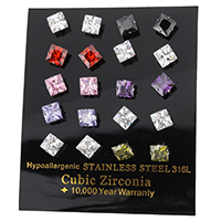 Кубический цирконий серьги из нержавеющей стали, нержавеющая сталь, Квадратная форма, с кубическим цирконием & граненый, разноцветный 10Пары/Box, продается Box
