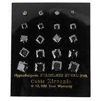 Edelstahl CZ Stud Ohrring, Quadrat, mit kubischem Zirkonia & facettierte, schwarz, 3*3mm,4*4mm,5*5mm,6*6mm,7*7mm, 10PaarePärchen/Box, verkauft von Box