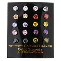Stainless Steel Cubic Zirconia Stud Earring, with cubic zirconia & faceted, mixed colors 