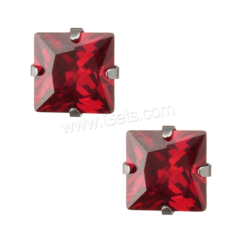 Stainless Steel Cubic Zirconia Stud Earring, Square, different size for choice & with cubic zirconia & faceted, mixed colors, 50Pairs/Box, Sold By Box