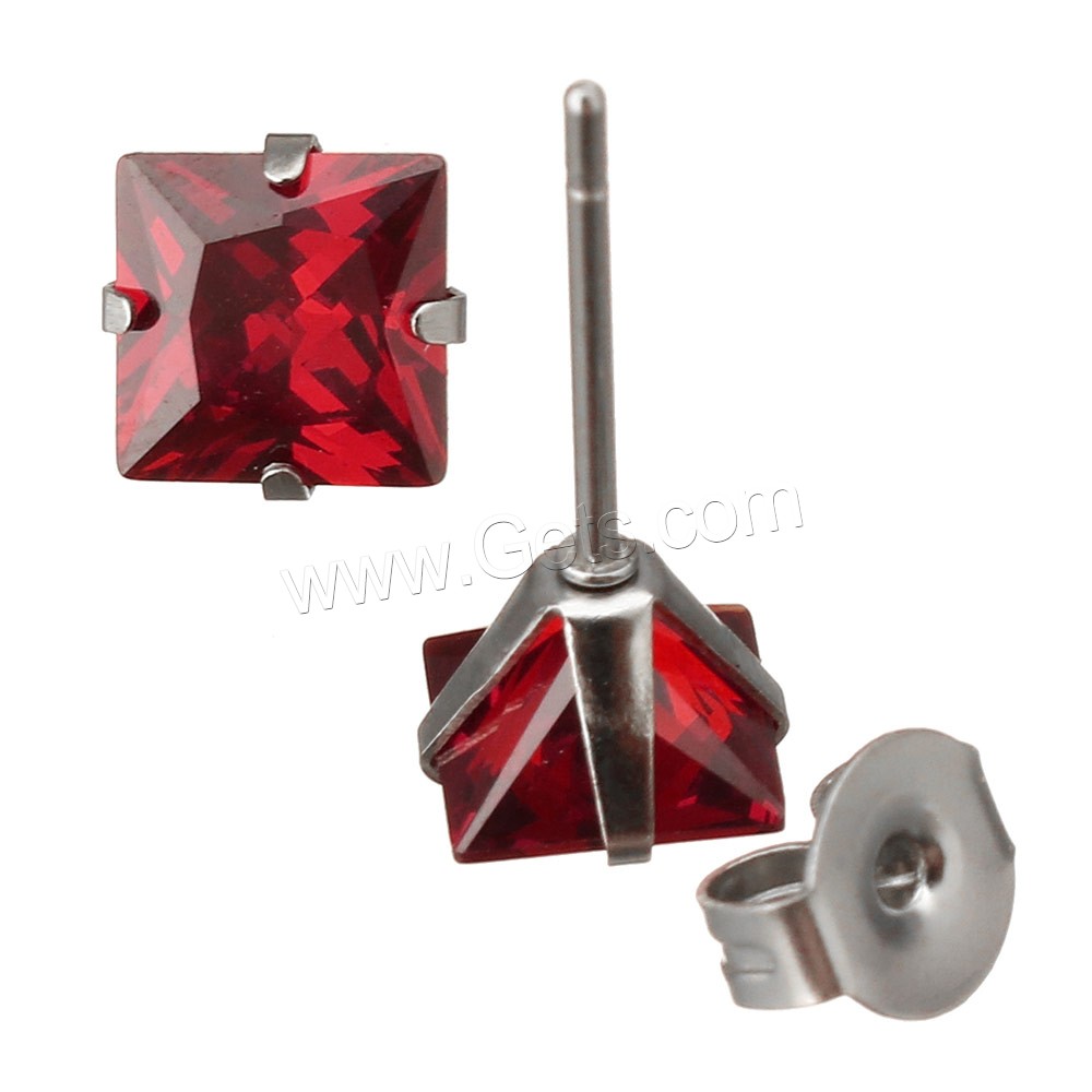 Stainless Steel Cubic Zirconia Stud Earring, Square, different size for choice & with cubic zirconia & faceted, mixed colors, 50Pairs/Box, Sold By Box