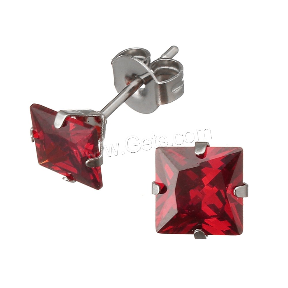 Stainless Steel Cubic Zirconia Stud Earring, Square, different size for choice & with cubic zirconia & faceted, mixed colors, 50Pairs/Box, Sold By Box