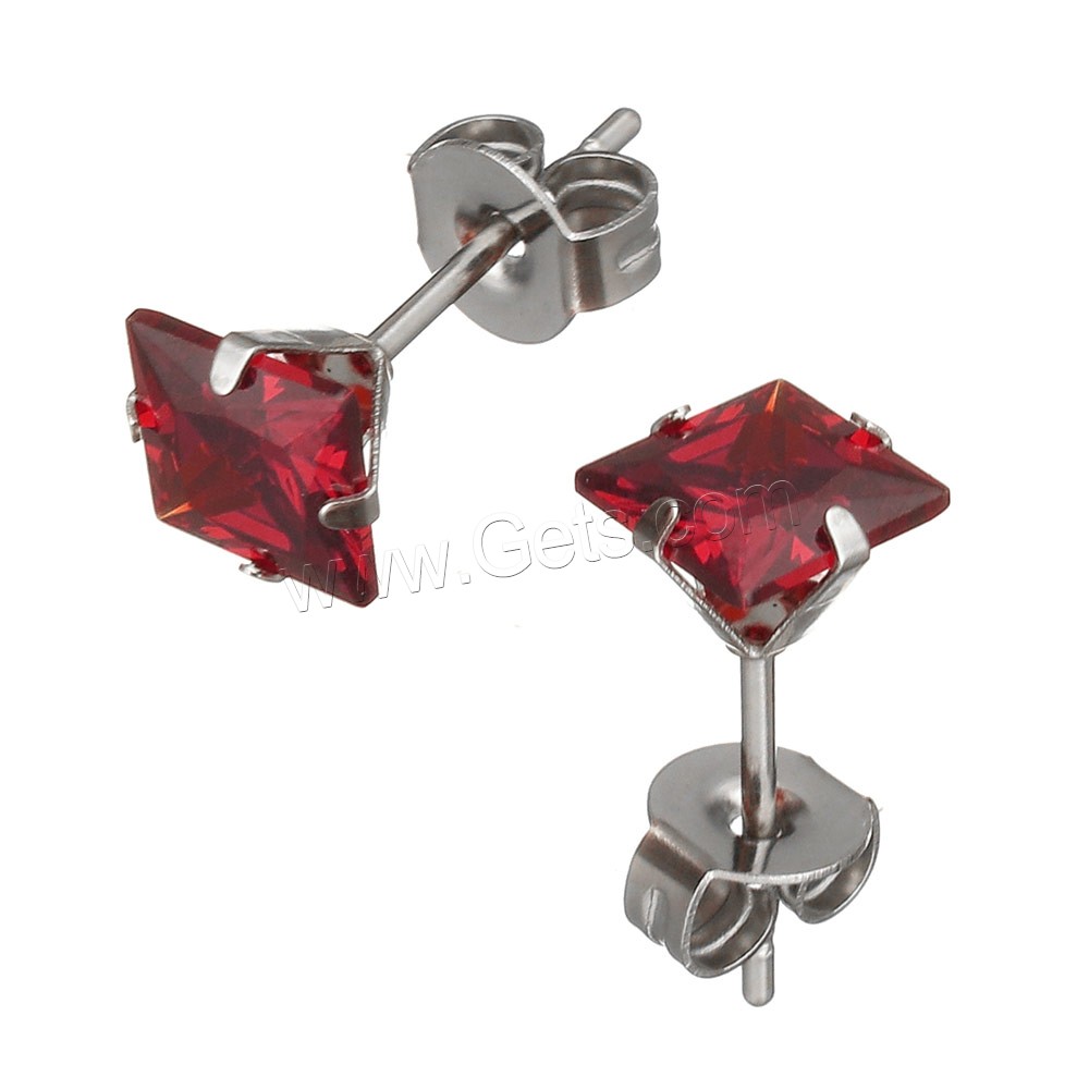 Stainless Steel Cubic Zirconia Stud Earring, Square, different size for choice & with cubic zirconia & faceted, mixed colors, 50Pairs/Box, Sold By Box