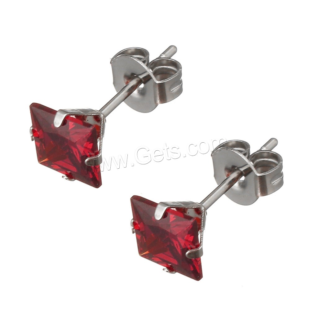 Stainless Steel Cubic Zirconia Stud Earring, Square, different size for choice & with cubic zirconia & faceted, mixed colors, 50Pairs/Box, Sold By Box