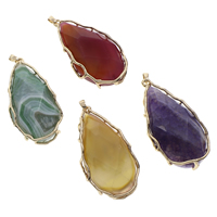 Agate Brass Pendants, with Brass, Teardrop, gold color plated, dyed - Approx 
