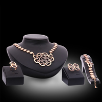 Rhinestone Zinc Alloy Jewelry Set, finger ring & bracelet & earring & necklace, with plastic earnut, stainless steel post pin, with 5cm extender chain, Flower, rose gold color plated, adjustable & with rhinestone, lead & cadmium free  US Ring  Approx 7 Inch, Approx  18 Inch 