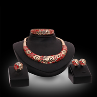 Rhinestone Zinc Alloy Jewelry Set, bangle & finger ring & earring & necklace, stainless steel earring post and Omega clip, Flower, rose gold color plated, enamel & with rhinestone, red, lead & cadmium free  Inner Approx 50mm, US Ring  Approx 6 Inch, Approx  16 Inch 