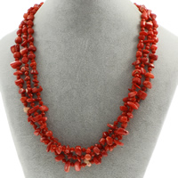 Collar de Coral natural, con Cristal, latón cierre de anillo de primavera, 3-aro & facetas, Rojo, 4x10mm-6x12x8mm, longitud:aproximado 19.5 Inch, Vendido por Sarta