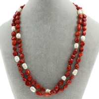 Natural Coral Necklace, with Freshwater Pearl, brass spring ring clasp - Approx 18.5 Inch 