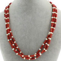 Natural Coral Necklace, with Freshwater Pearl, brass spring ring clasp Approx 16 Inch 