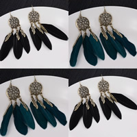Fashion Feather Earring , Zinc Alloy, with Feather, iron earring hook, antique bronze color plated lead & cadmium free, 100mm 