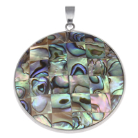 Abalone Shell Pendants, with brass bail & White Shell, Flat Round, platinum color plated, natural & mosaic Approx 