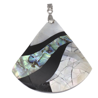 White Shell Pendants, with brass bail & Black Shell & Abalone Shell, Fan, platinum color plated, natural & crackle Approx 