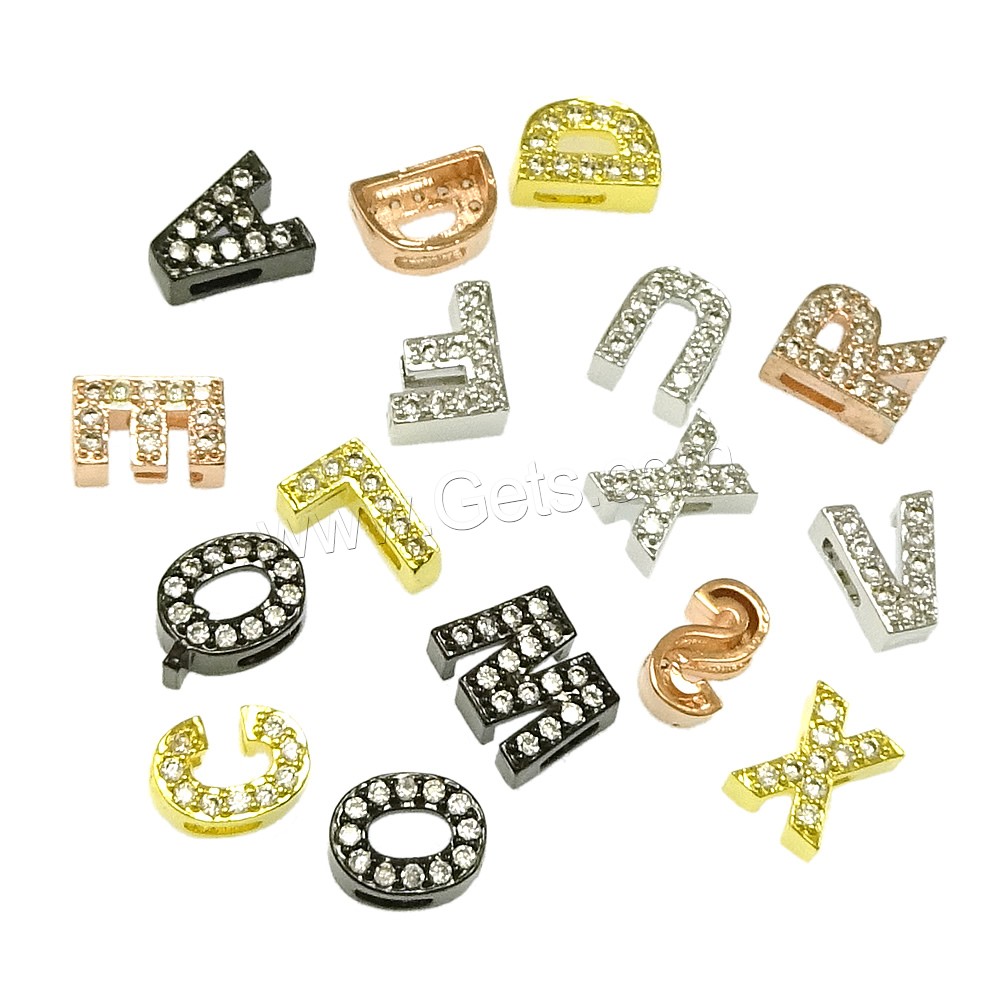 Cubic Zirconia Micro Pave Slide Charm, Brass, Letter, plated, different styles for choice & micro pave cubic zirconia, more colors for choice, Hole:Approx 2x4.5mm, Sold By PC