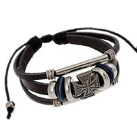 Cowhide Bracelets, with Linen & Wood & Zinc Alloy, Cross, plated, with rivet stud & adjustable &  .7-12 Inch 