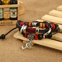 Cowhide Bracelets, with Linen & Wood & Zinc Alloy, Key, plated, adjustable &  .7-12 Inch 