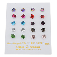 Stainless Steel Stud Earring, Crystal, with Stainless Steel, Cube, mixed colors 