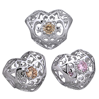 Cubic Zirconia Micro Pave Brass European Bead, Heart, platinum plated, micro pave cubic zirconia & without troll & hollow Approx 4.5mm 