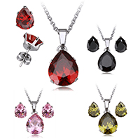 Cubic Zirconia Stainless Steel Jewelry Sets, earring & necklace, Teardrop, oval chain & with cubic zirconia & faceted Approx 18 Inch 