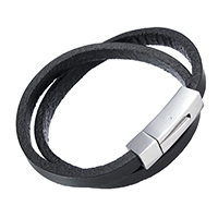 Men Bracelet, Cowhide, stainless steel snap clasp , black 7mm Approx 16 Inch 