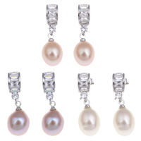 Freshwater Pearl Brass Earring, with Brass, Rice, platinum color plated, natural & with cubic zirconia & faceted, mixed colors, 9-10mm 
