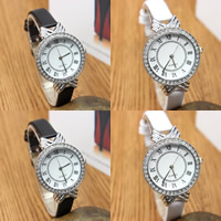 Women Wrist Watch, PU Leather, with Glass & Zinc Alloy, platinum color plated, with rhinestone 32mm Approx 8.6 Inch 