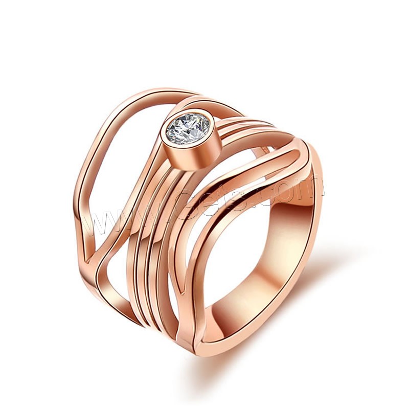 Titanium Steel Finger Ring, rose gold color plated, different size for choice & with rhinestone, 14mm, Sold By PC