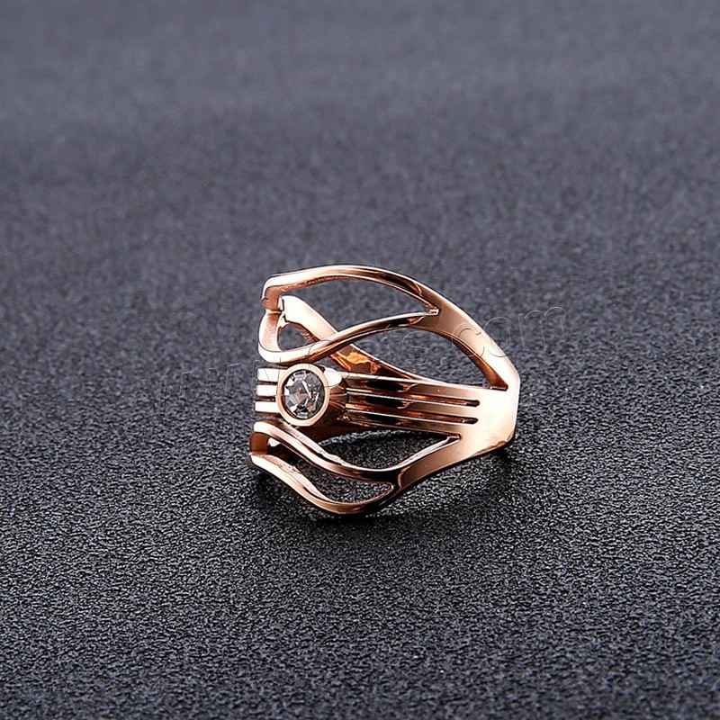 Titanium Steel Finger Ring, rose gold color plated, different size for choice & with rhinestone, 14mm, Sold By PC